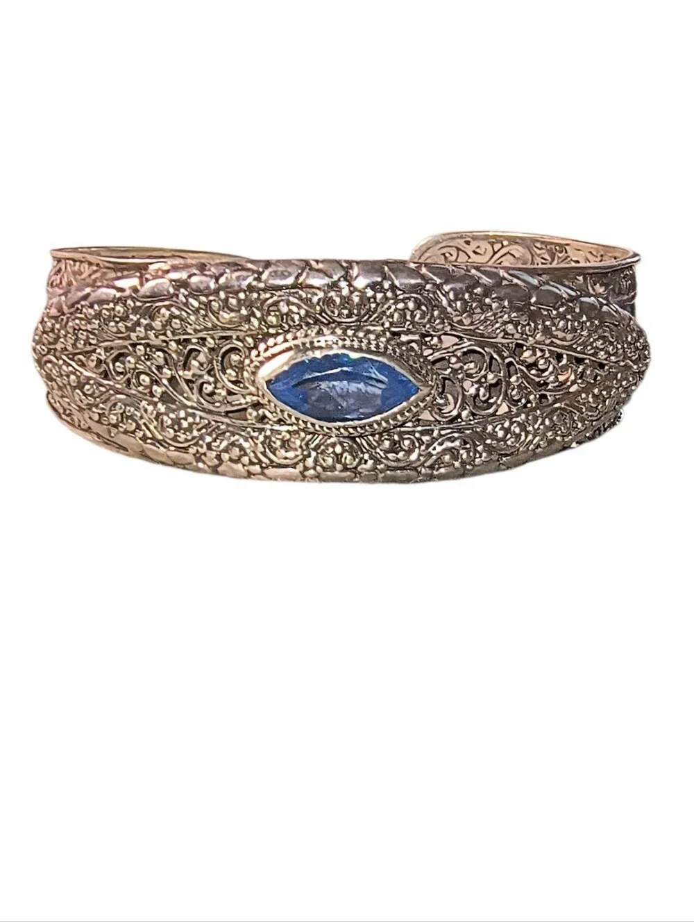 Sarda Bali Sterling Silver Filigree Cuff Bracelet with Blue Stone